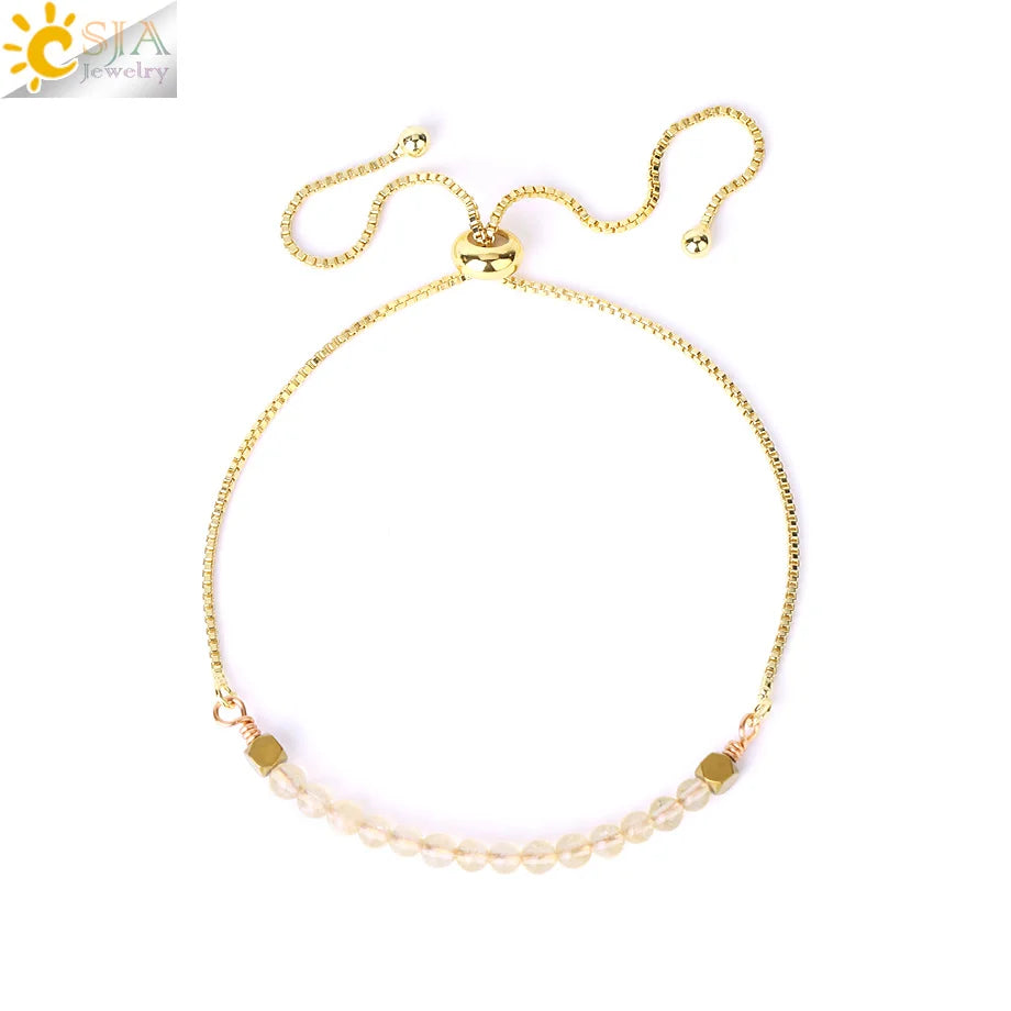 CSJA Healing 7 Chakra Summer Bracelet Natural Stone Pink Crystal Gold Color Stainless Steel Bracelets for Women Jewelry H011