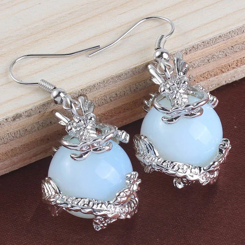 Dragon Crystal Ball Stone Beads Earrings For Women Girls Natural Amethyst Rose Quartz Agates Dangle Hook Stone Earring Jewelry