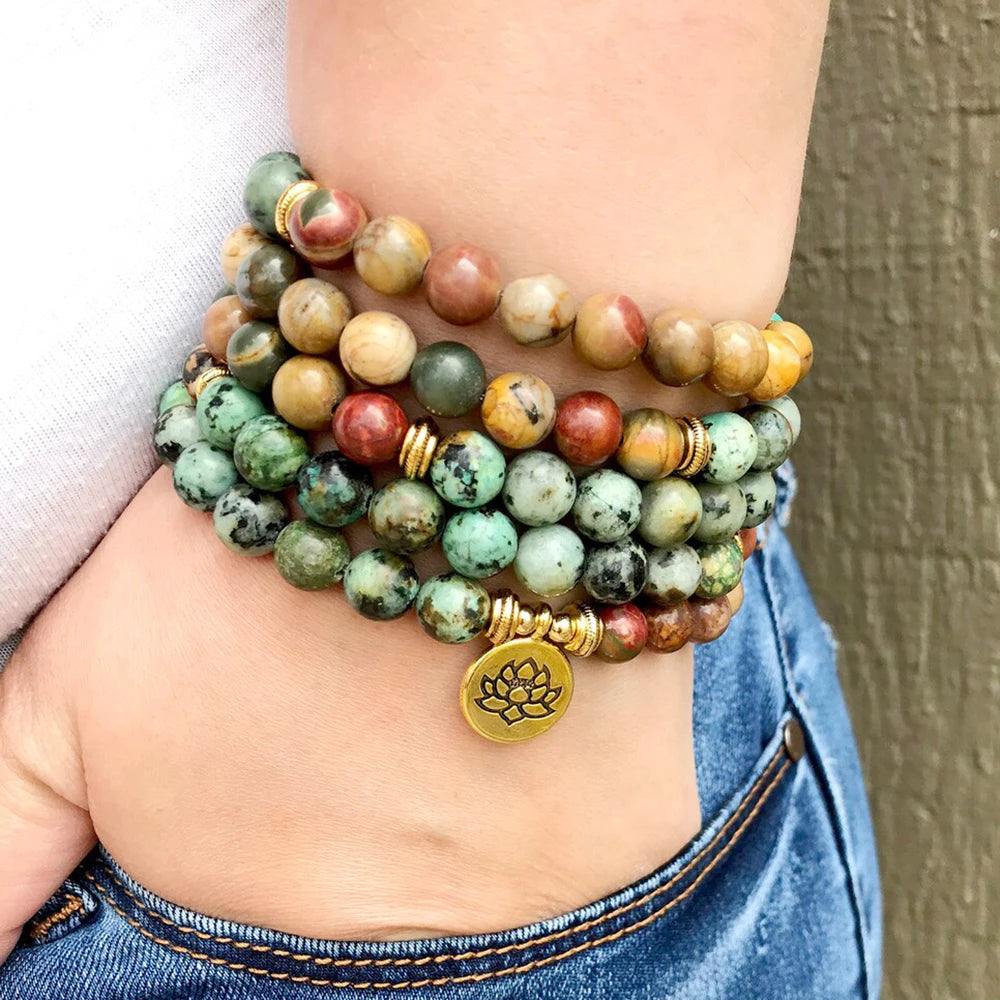Lotus Ohm Buddha African Turquoise & Mookaite Jasper 108 Mala Bracelet 108 Mala Beads Necklace Women Men Chakra Spiritual Healing Jewelry