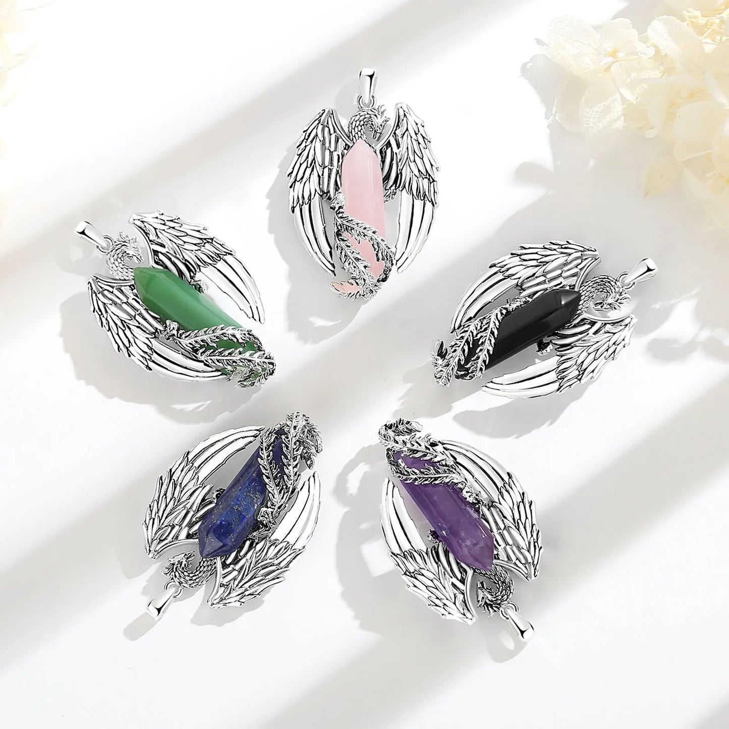 ONLY 23 AVAILABLE EUDORA Phoenix Twining Hexagonal Lapis Lazuli Prismatic Necklace Punk Natural Healing Stone Crystal Pendant Personality Jewelry