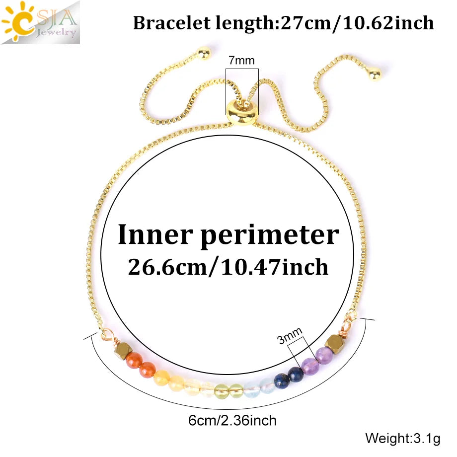 CSJA Healing 7 Chakra Summer Bracelet Natural Stone Pink Crystal Gold Color Stainless Steel Bracelets for Women Jewelry H011