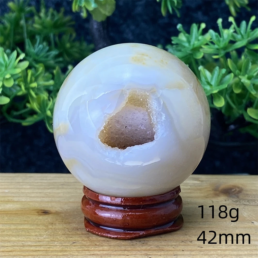Natural Agate Crystal Ball Quartz Cluster Cave Crystal Ball Home Decoration + Base