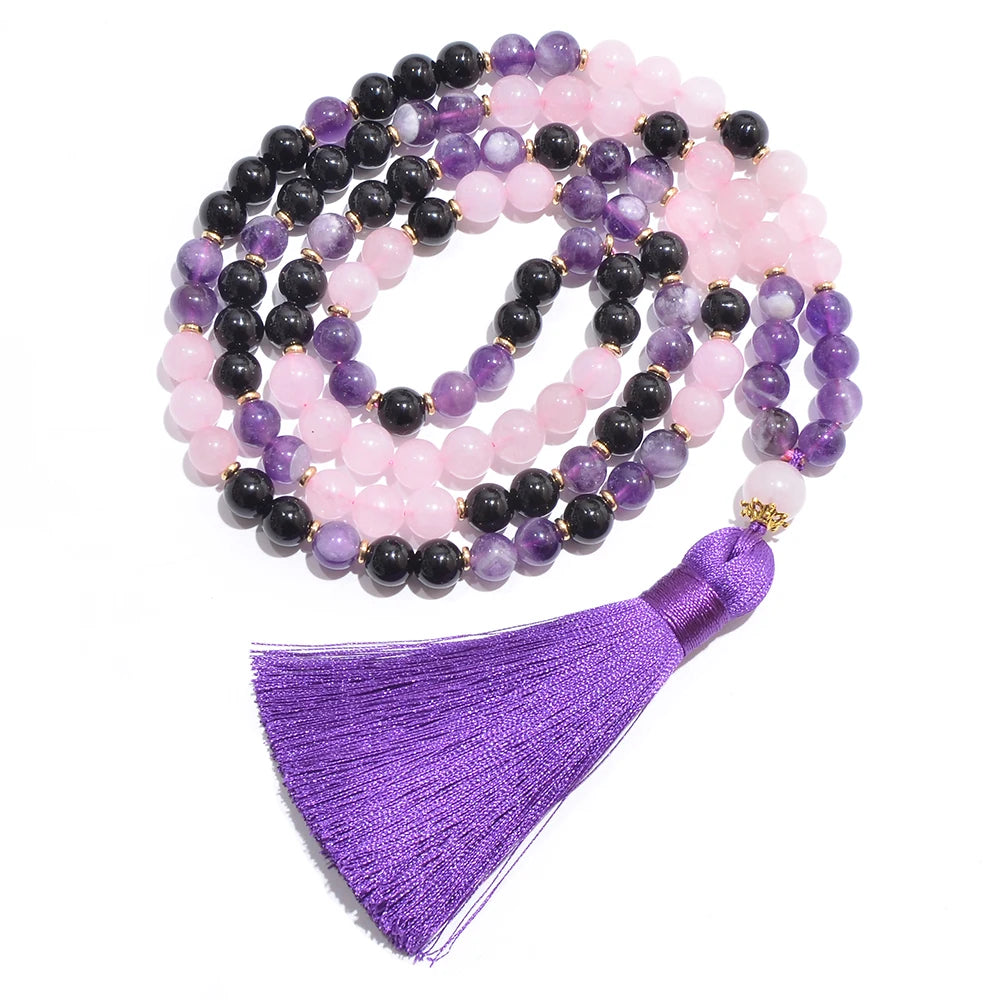 8mm Natural Amethyst Black Onyx Rose Quartz Beads 108 Mala Necklace Meditation Yoga Prayer Jewelry Japamala Rosary Set for Women