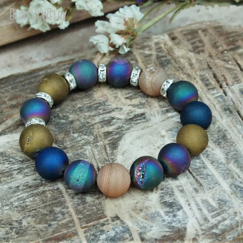 10pcs Rainbow Mystic Druzy Agate Beaded Bracelet Femme Women Healing Crystal Friendship Stretch Chakra Boho Jewelry