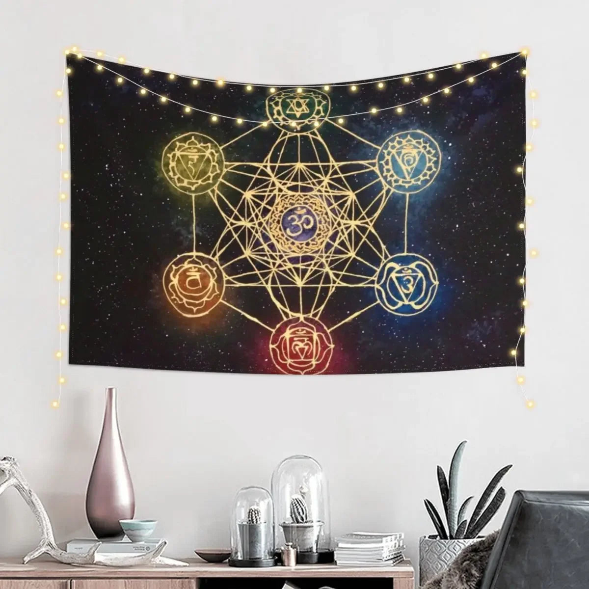 Sacred Geometry - Metatron's Cube with Chakras Tapestry Cute Room Things Decorative Wall Mural Tapestry
