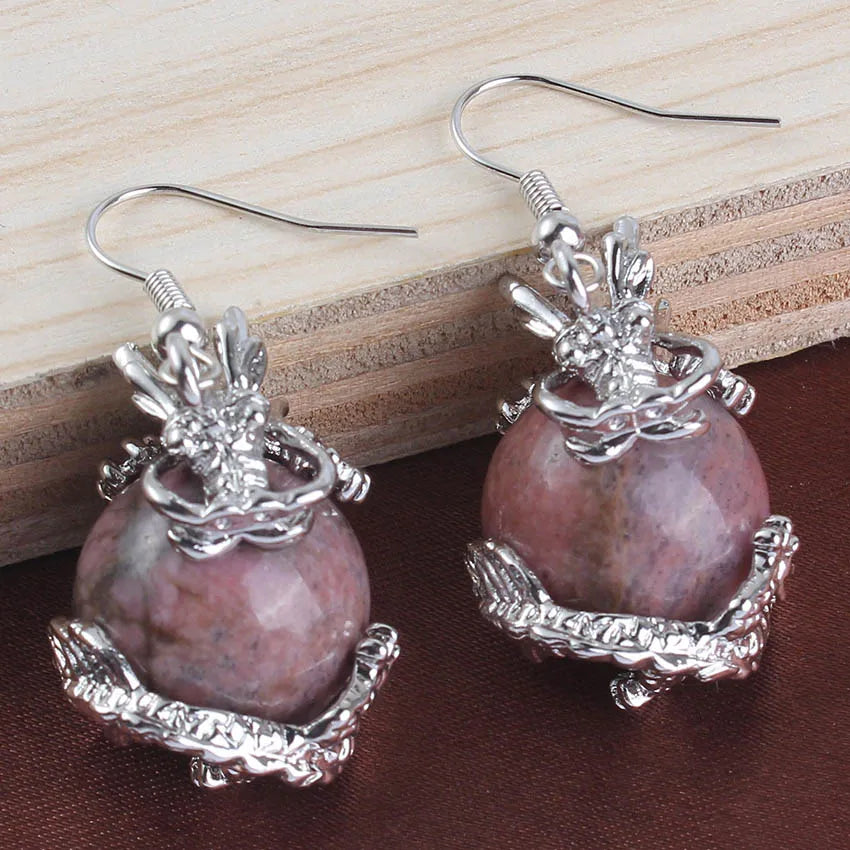 Dragon Crystal Ball Stone Beads Earrings For Women Girls Natural Amethyst Rose Quartz Agates Dangle Hook Stone Earring Jewelry