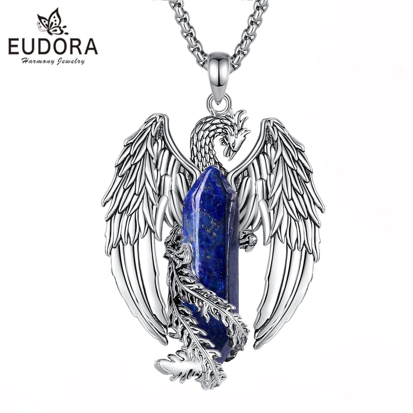 ONLY 23 AVAILABLE EUDORA Phoenix Twining Hexagonal Lapis Lazuli Prismatic Necklace Punk Natural Healing Stone Crystal Pendant Personality Jewelry