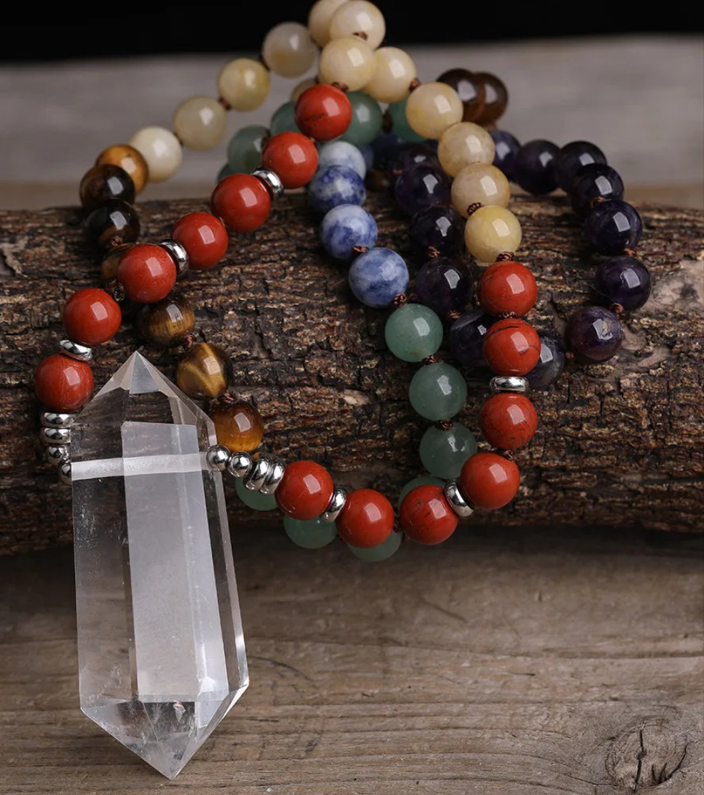 Natural White Quartz Double Stick Point Pendant 8mm Round Multi Stone Chakra Healing Beads Cord Knotted Mala Necklace Jewelry