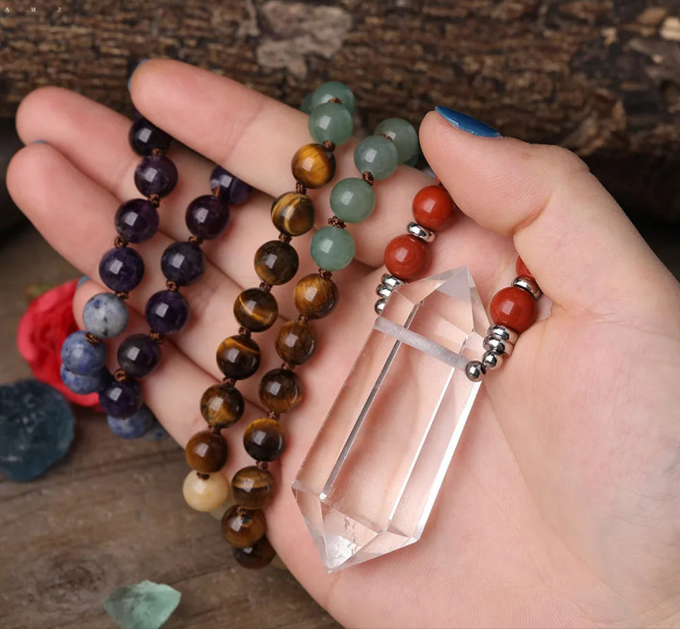 Natural White Quartz Double Stick Point Pendant 8mm Round Multi Stone Chakra Healing Beads Cord Knotted Mala Necklace Jewelry