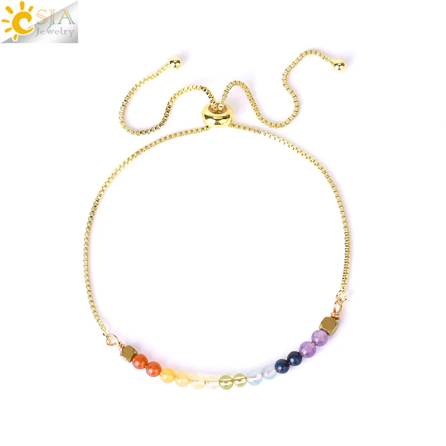 CSJA Healing 7 Chakra Summer Bracelet Natural Stone Pink Crystal Gold Color Stainless Steel Bracelets for Women Jewelry H011