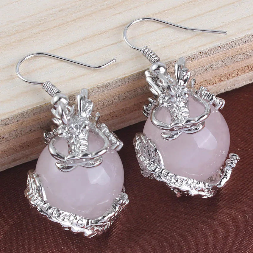 Dragon Crystal Ball Stone Beads Earrings For Women Girls Natural Amethyst Rose Quartz Agates Dangle Hook Stone Earring Jewelry