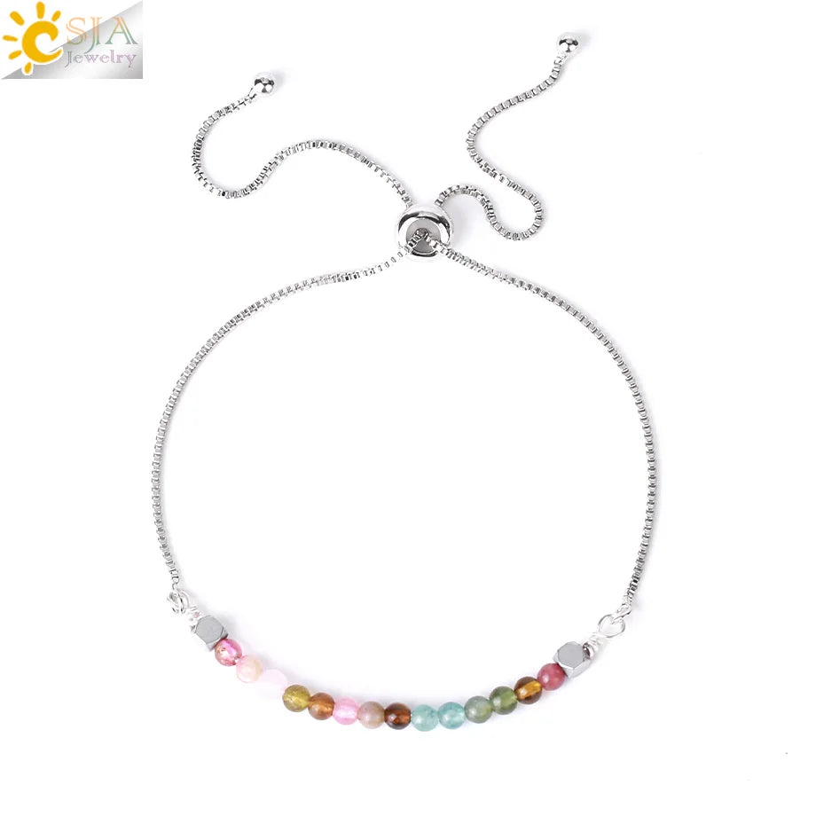 CSJA Healing 7 Chakra Summer Bracelet Natural Stone Pink Crystal Gold Color Stainless Steel Bracelets for Women Jewelry H011