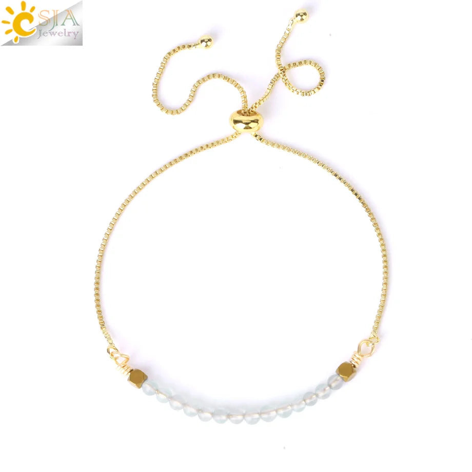 CSJA Healing 7 Chakra Summer Bracelet Natural Stone Pink Crystal Gold Color Stainless Steel Bracelets for Women Jewelry H011