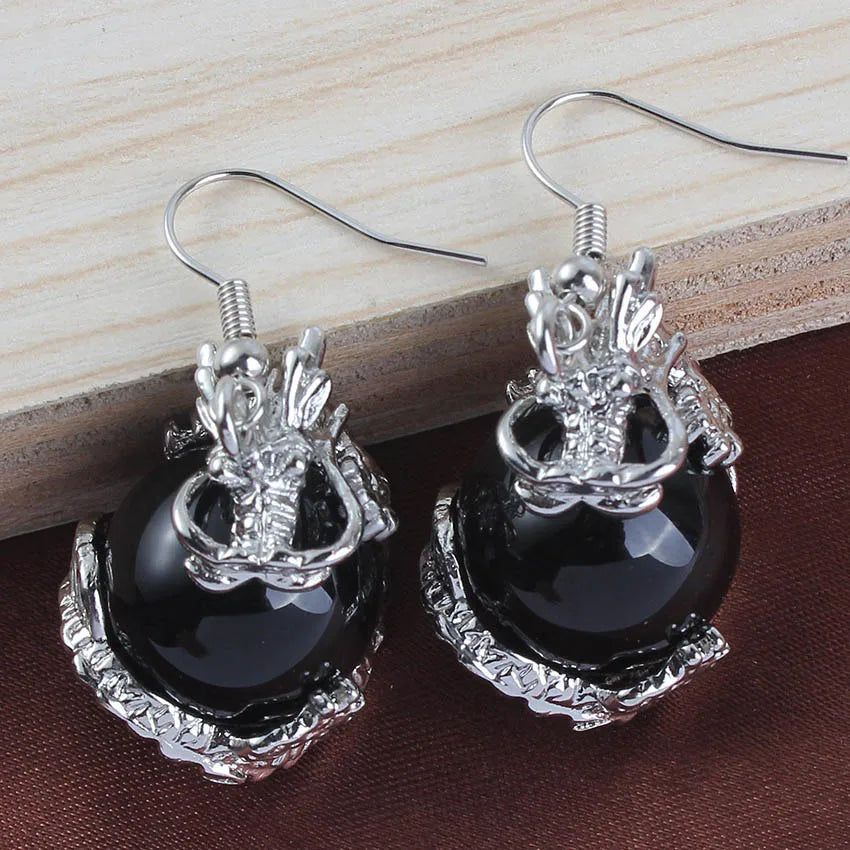 Dragon Crystal Ball Stone Beads Earrings For Women Girls Natural Amethyst Rose Quartz Agates Dangle Hook Stone Earring Jewelry