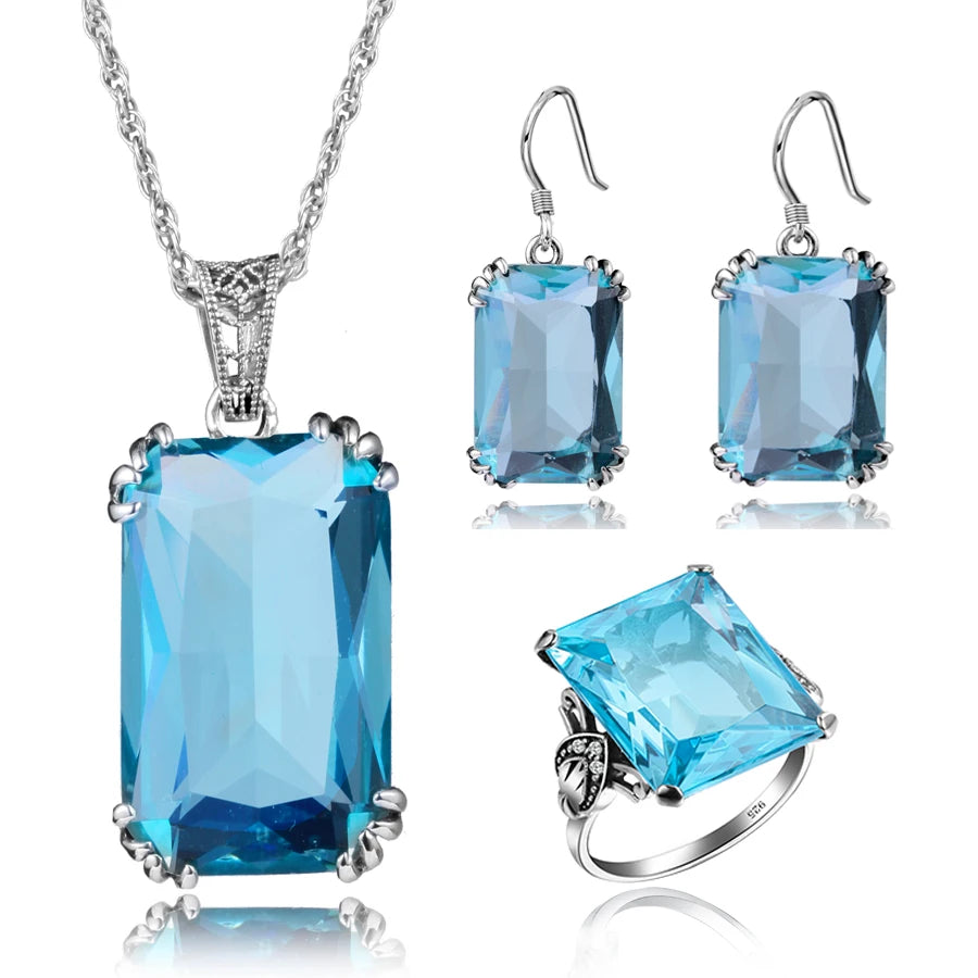 Bridal Jewelry Sets For Women Sterling Silver 925 Ring Earring Pendant Big Turquoise Gemstone Bohemian Jewelry Sweet 16