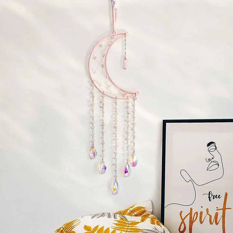Agate Dream Catcher Natural 7 Chakra Color Gemstone Garden Living Room Decoration Wind Chime Wall Decor Moon Gem Dream Catcher