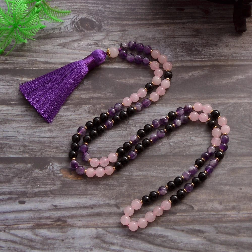 8mm Natural Amethyst Black Onyx Rose Quartz Beads 108 Mala Necklace Meditation Yoga Prayer Jewelry Japamala Rosary Set for Women