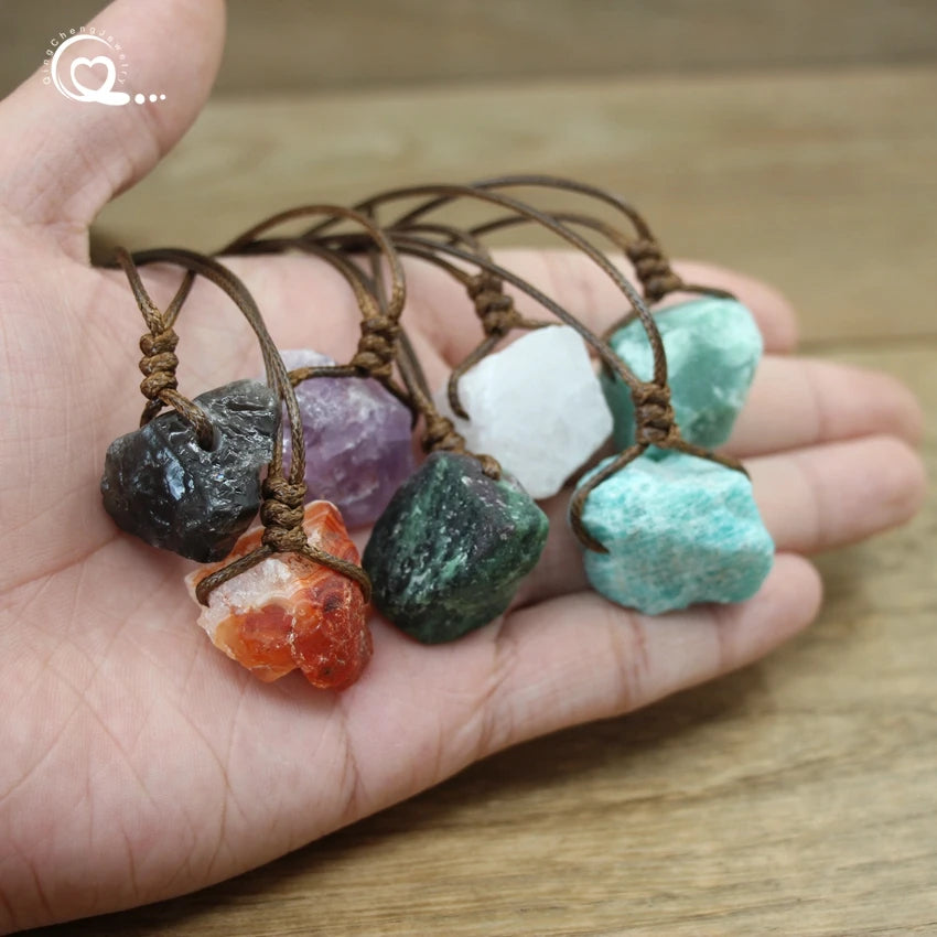 Healing Reiki Raw Stone Mineral Pendants Necklace,Natural Crystal Fluorite Rose Quartzs Tourmaline Agates Apatite Jewelry,QC3014