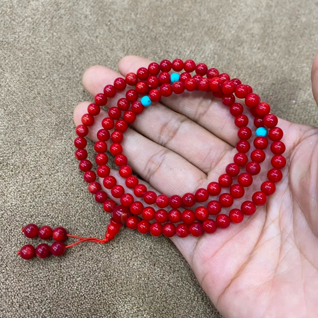Natural Red Coral Bracelet Mala Necklace 108 Beads Handmade Multilayer Tassel Charm Chakra Healing Gemstone Handmade