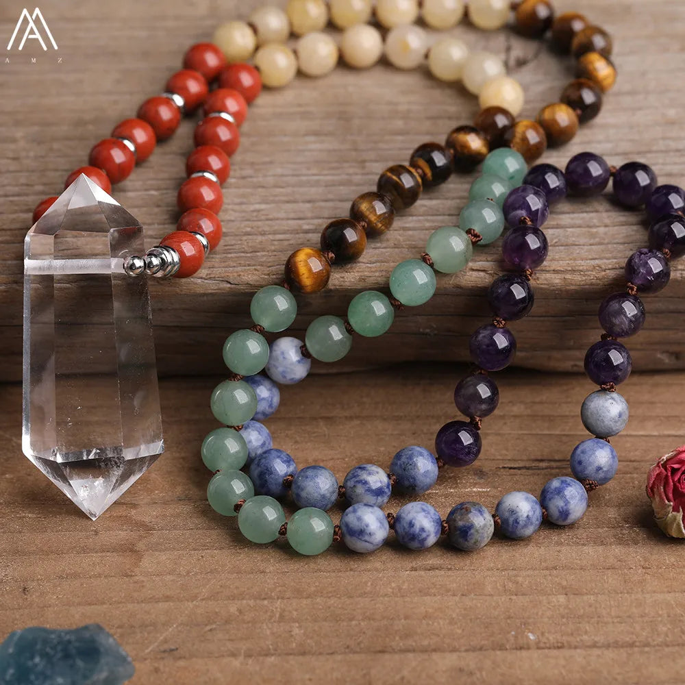 Natural White Quartz Double Stick Point Pendant 8mm Round Multi Stone Chakra Healing Beads Cord Knotted Mala Necklace Jewelry
