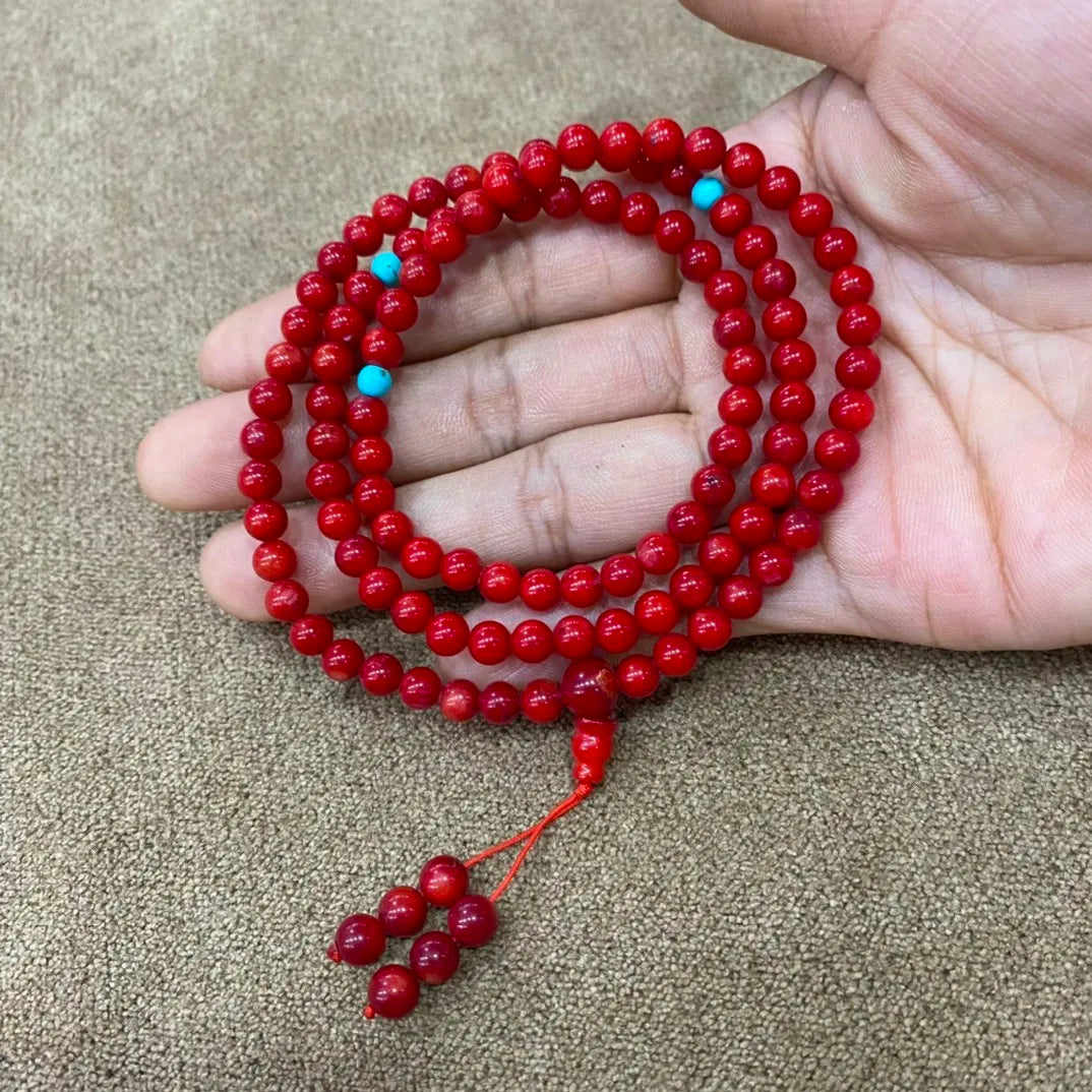 Natural Red Coral Bracelet Mala Necklace 108 Beads Handmade Multilayer Tassel Charm Chakra Healing Gemstone Handmade