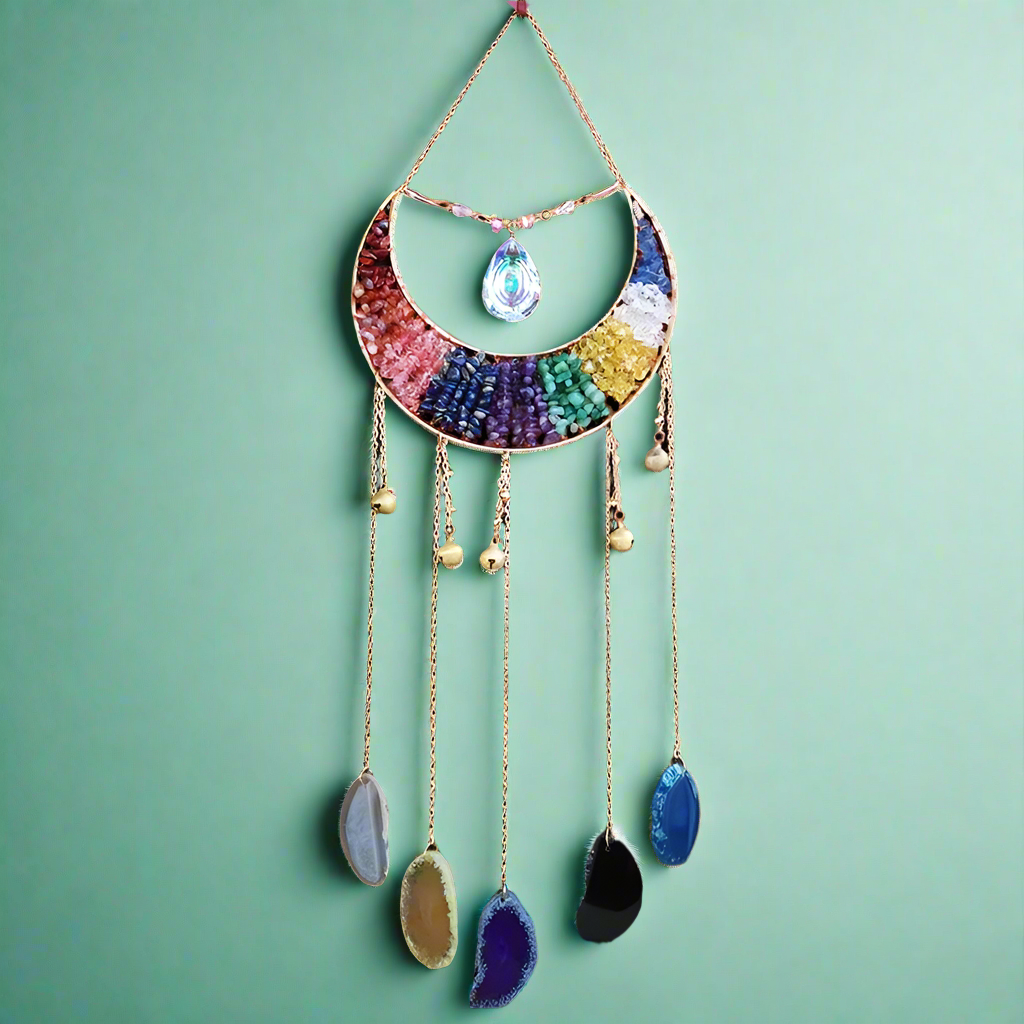 Agate Dream Catcher Natural 7 Chakra Color Gemstone Garden Living Room Decoration Wind Chime Wall Decor Moon Gem Dream Catcher