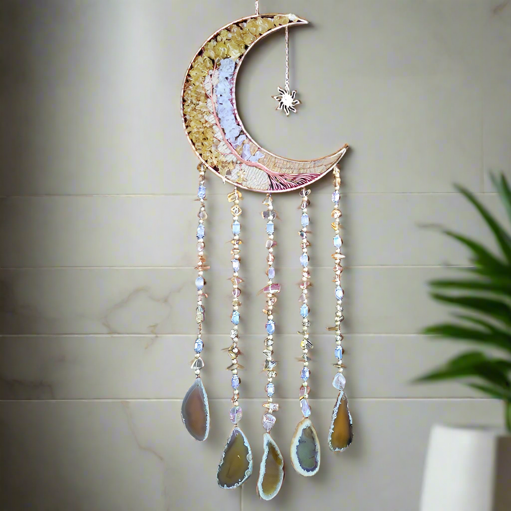 Agate Dream Catcher Natural 7 Chakra Color Gemstone Garden Living Room Decoration Wind Chime Wall Decor Moon Gem Dream Catcher