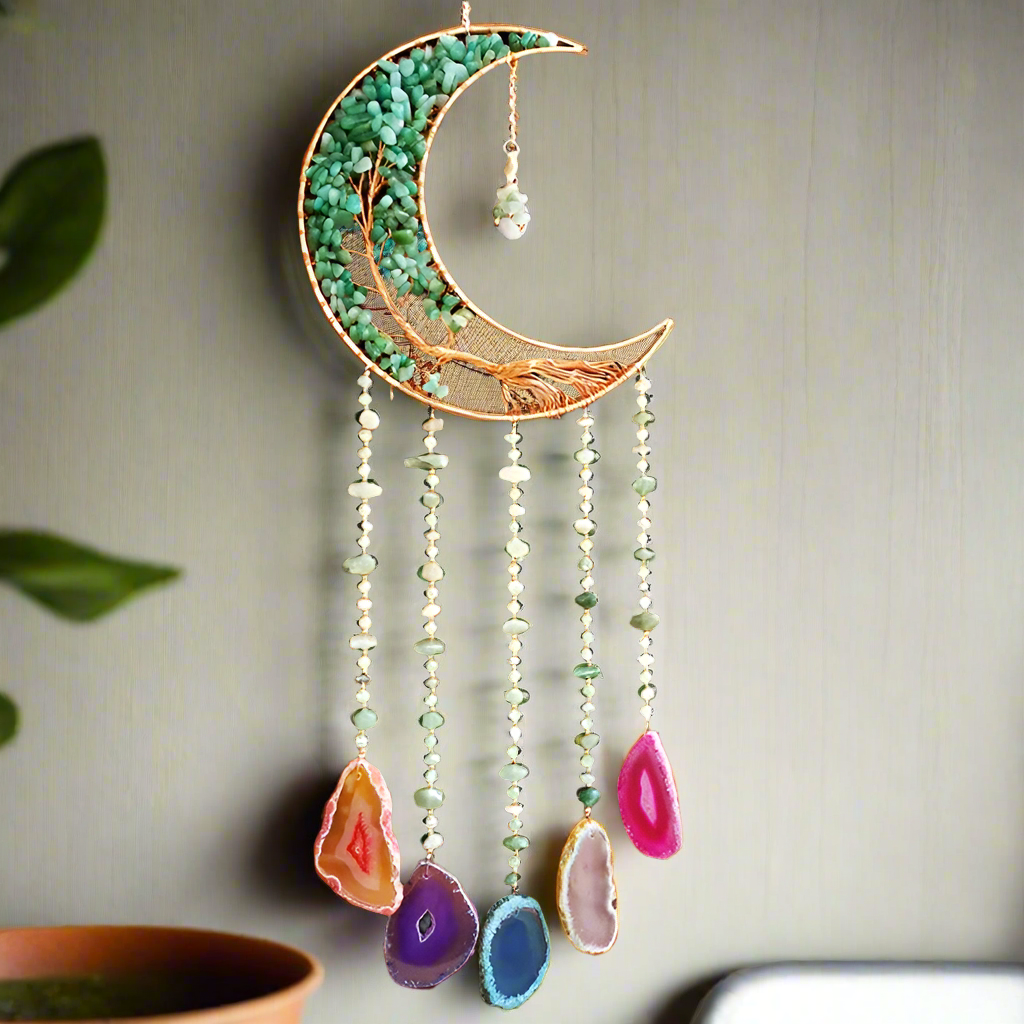 Agate Dream Catcher Natural 7 Chakra Color Gemstone Garden Living Room Decoration Wind Chime Wall Decor Moon Gem Dream Catcher