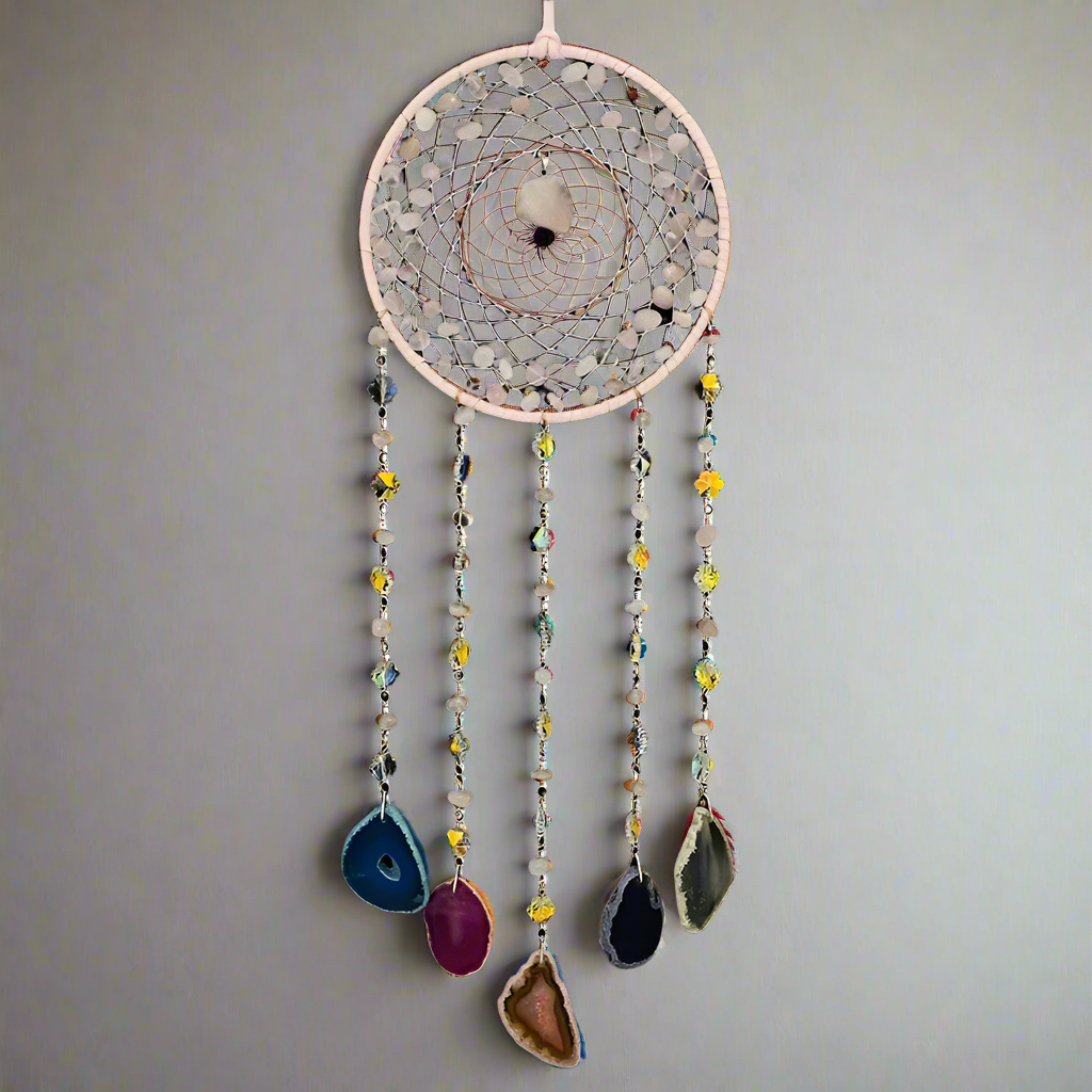 Agate Dream Catcher Natural 7 Chakra Color Gemstone Garden Living Room Decoration Wind Chime Wall Decor Moon Gem Dream Catcher