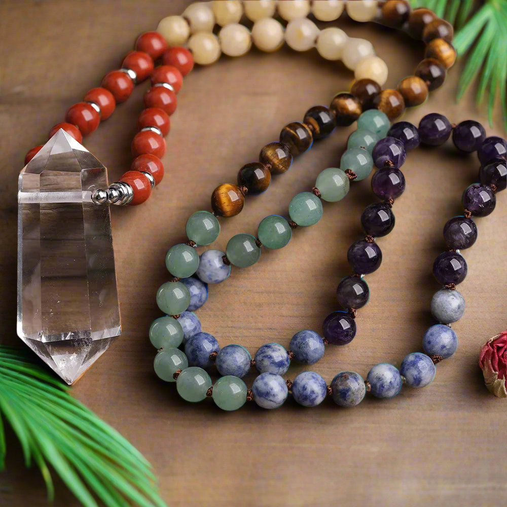 Natural White Quartz Double Stick Point Pendant 8mm Round Multi Stone Chakra Healing Beads Cord Knotted Mala Necklace Jewelry