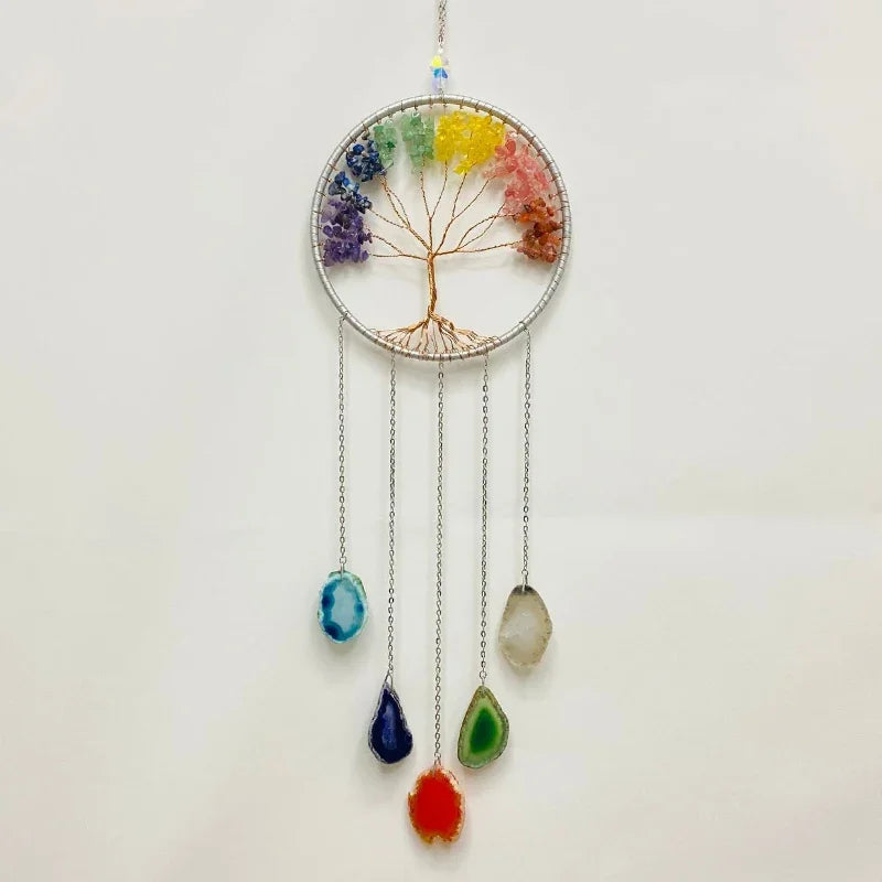 Agate Dream Catcher Natural 7 Chakra Color Gemstone Garden Living Room Decoration Wind Chime Wall Decor Moon Gem Dream Catcher
