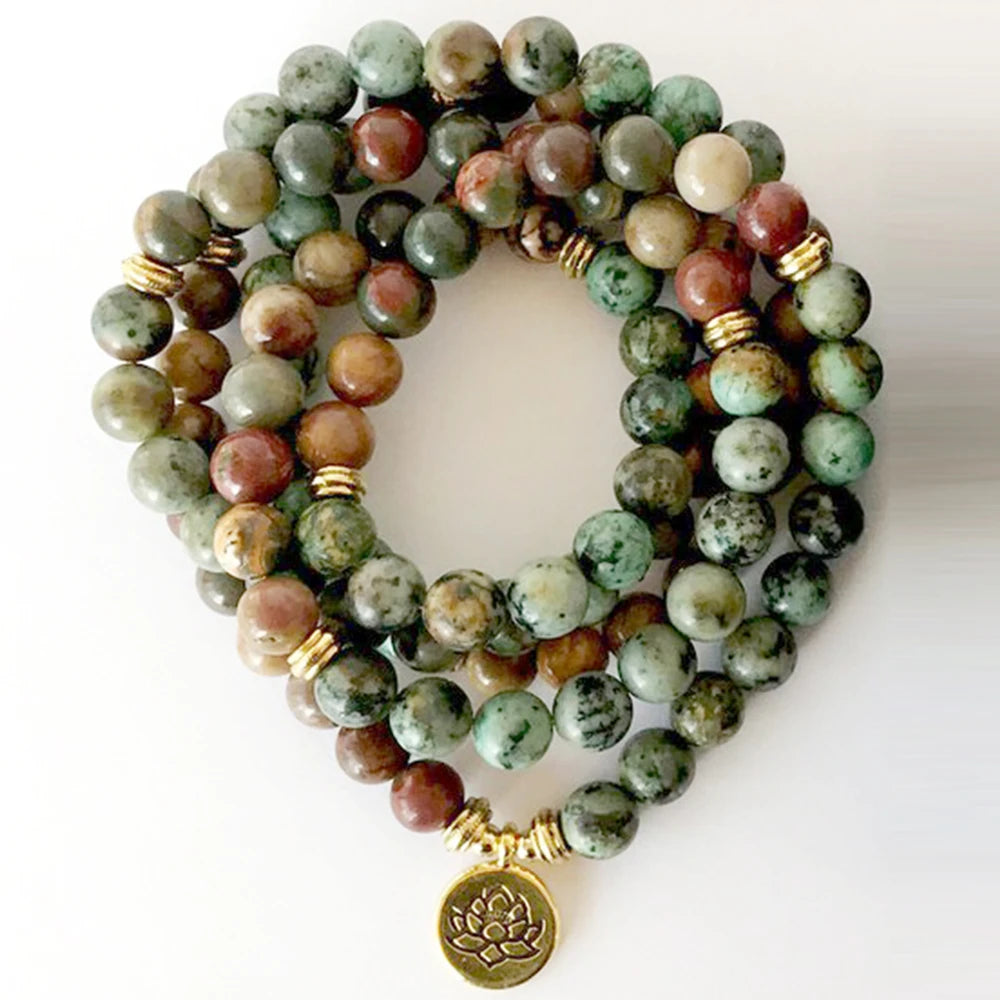Lotus Ohm Buddha African Turquoise & Mookaite Jasper 108 Mala Bracelet 108 Mala Beads Necklace Women Men Chakra Spiritual Healing Jewelry