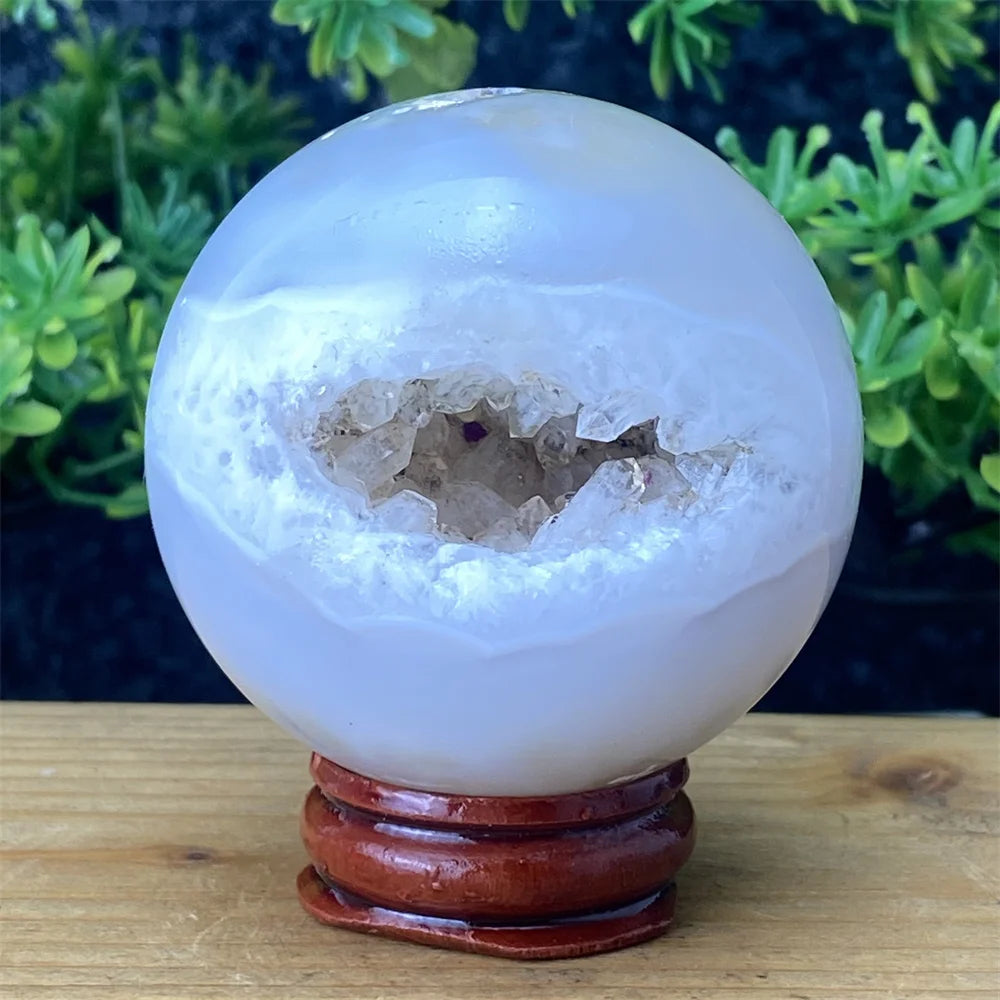 Natural Agate Crystal Ball Quartz Cluster Cave Crystal Ball Home Decoration + Base