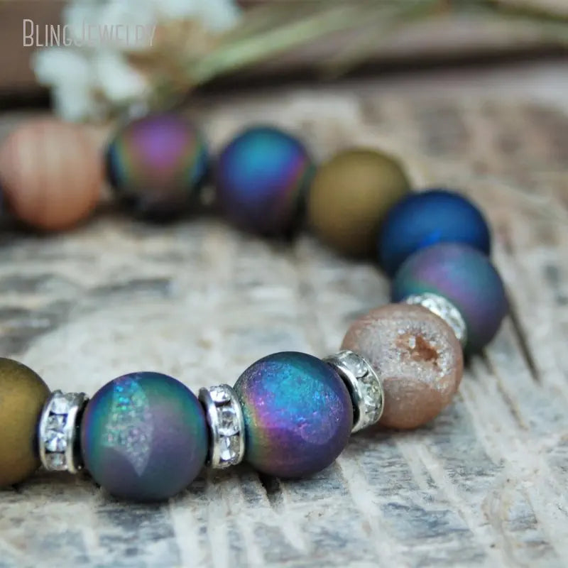 10pcs Rainbow Mystic Druzy Agate Beaded Bracelet Femme Women Healing Crystal Friendship Stretch Chakra Boho Jewelry