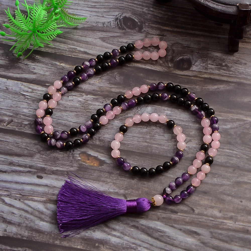 8mm Natural Amethyst Black Onyx Rose Quartz Beads 108 Mala Necklace Meditation Yoga Prayer Jewelry Japamala Rosary Set for Women