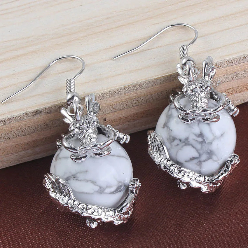 Dragon Crystal Ball Stone Beads Earrings For Women Girls Natural Amethyst Rose Quartz Agates Dangle Hook Stone Earring Jewelry