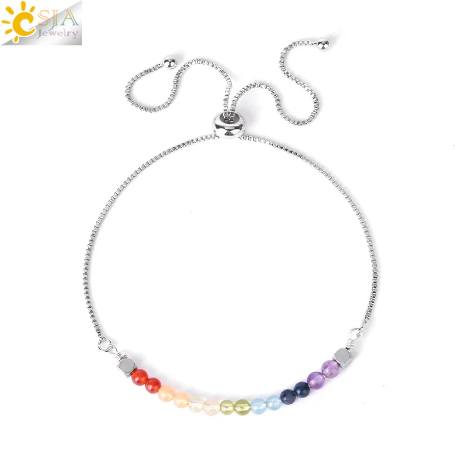 CSJA Healing 7 Chakra Summer Bracelet Natural Stone Pink Crystal Gold Color Stainless Steel Bracelets for Women Jewelry H011