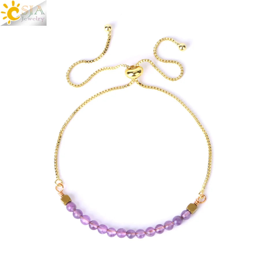 CSJA Healing 7 Chakra Summer Bracelet Natural Stone Pink Crystal Gold Color Stainless Steel Bracelets for Women Jewelry H011
