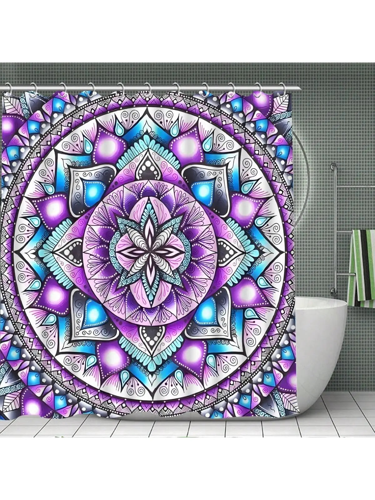 4PCS Bohemian Shower Curtain Sets, Purple Mandala Printed Bathroom Shower Curtains, Bath Mat, Toilet Lid Rug