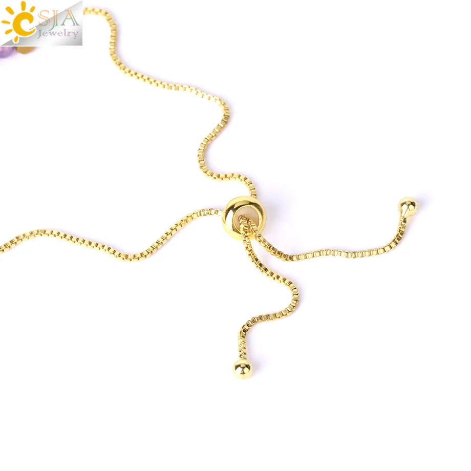 CSJA Healing 7 Chakra Summer Bracelet Natural Stone Pink Crystal Gold Color Stainless Steel Bracelets for Women Jewelry H011