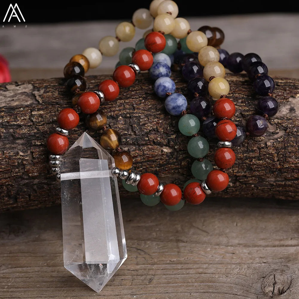 Natural White Quartz Double Stick Point Pendant 8mm Round Multi Stone Chakra Healing Beads Cord Knotted Mala Necklace Jewelry