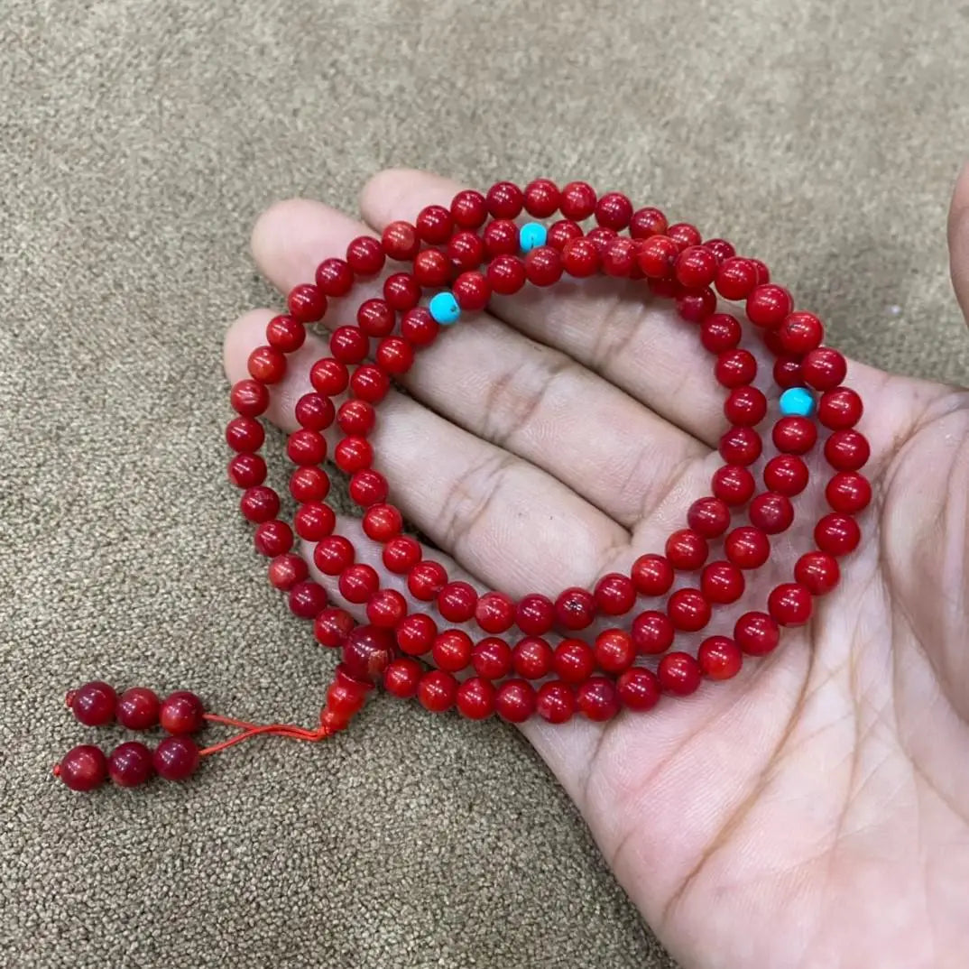 Natural Red Coral Bracelet Mala Necklace 108 Beads Handmade Multilayer Tassel Charm Chakra Healing Gemstone Handmade