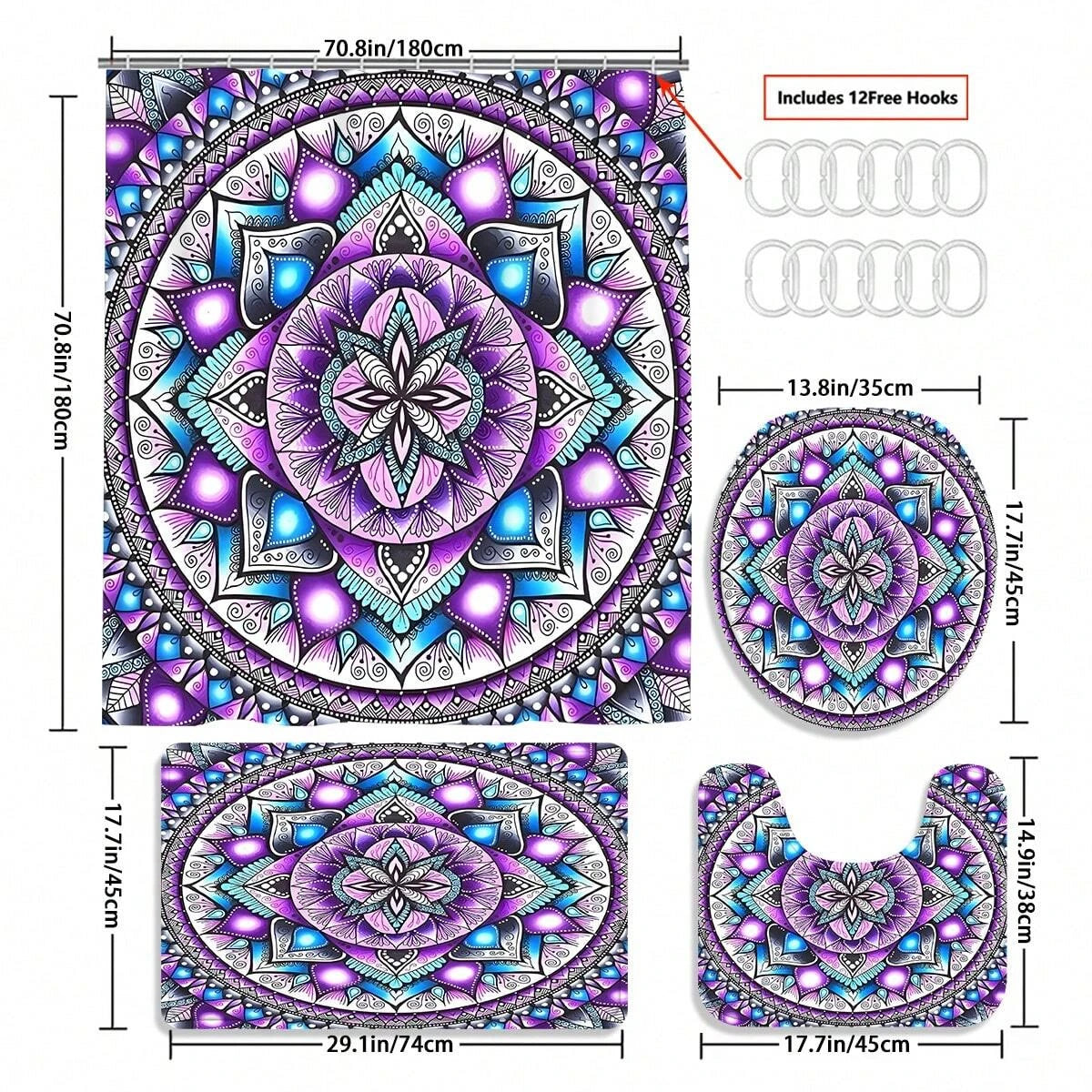4PCS Bohemian Shower Curtain Sets, Purple Mandala Printed Bathroom Shower Curtains, Bath Mat, Toilet Lid Rug
