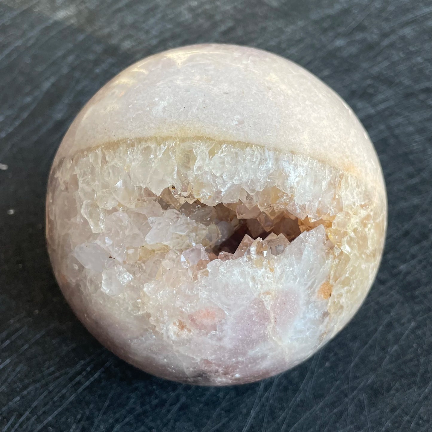 780g Natural Amethyst Cluster Pink Sakura Agate Sphere Open Tooth Ball Decoration Polished Quartz Sphere Reiki Healing
