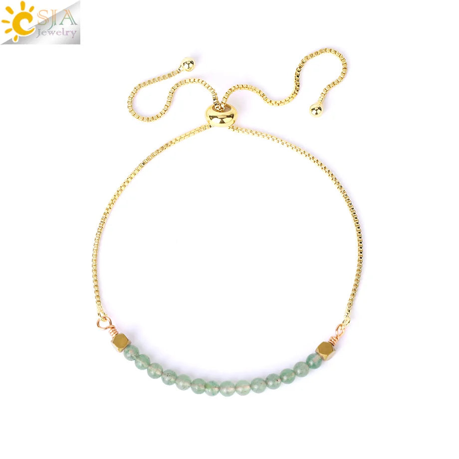 CSJA Healing 7 Chakra Summer Bracelet Natural Stone Pink Crystal Gold Color Stainless Steel Bracelets for Women Jewelry H011