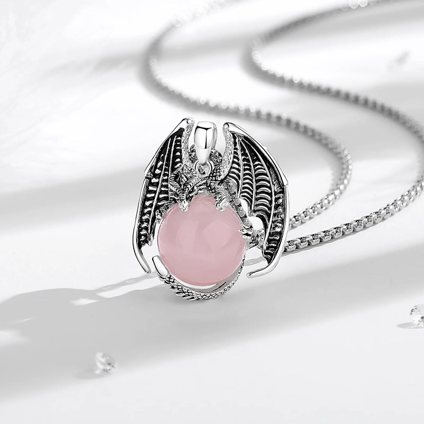 Eudora Dragon Rose Quartz Ball Necklace Punk Energy Natural Healing Stone Crystal Pendant Spiritual Jewelry for Women Man Gift