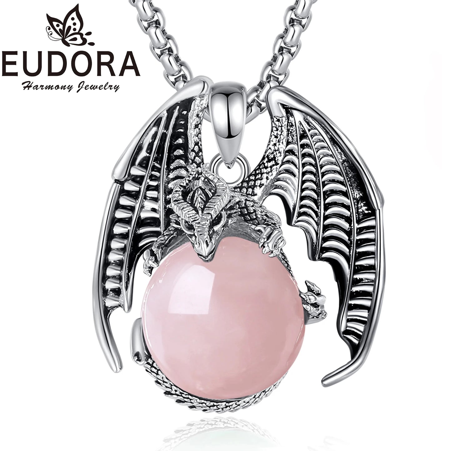 Eudora Dragon Rose Quartz Ball Necklace Punk Energy Natural Healing Stone Crystal Pendant Spiritual Jewelry for Women Man Gift