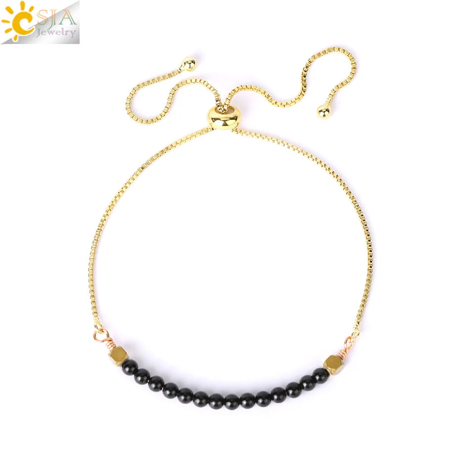CSJA Healing 7 Chakra Summer Bracelet Natural Stone Pink Crystal Gold Color Stainless Steel Bracelets for Women Jewelry H011