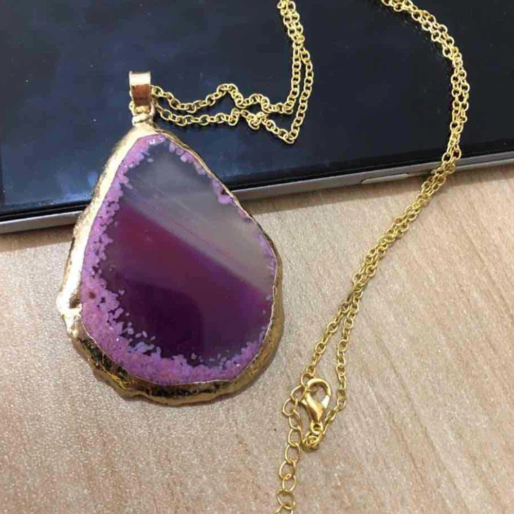Natural Agate Gold Edged Wind Chime Pendant Handicraft, Identity Symbol Gift, Lucky Crystal Healing Stone Series Jewelry