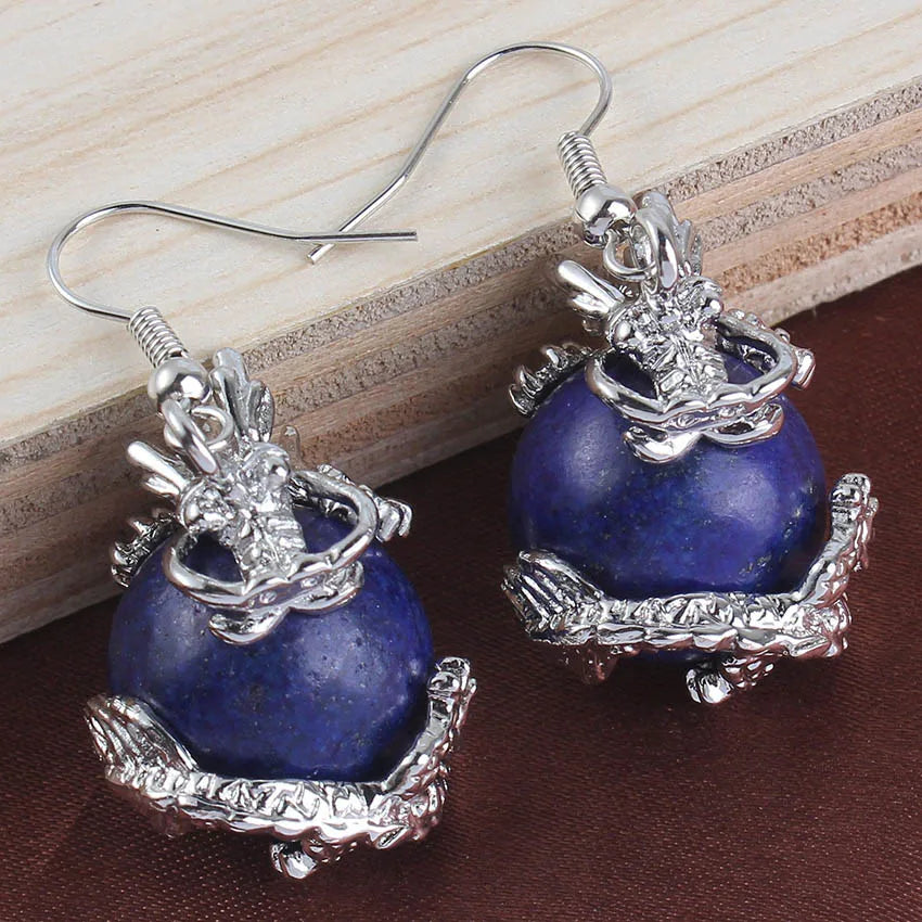Dragon Crystal Ball Stone Beads Earrings For Women Girls Natural Amethyst Rose Quartz Agates Dangle Hook Stone Earring Jewelry